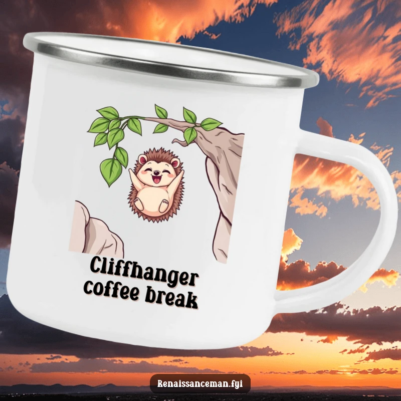 Funny Delighted Hedgehog Dangling from a Vine Above a Cliff, Enamel Camping Mug, Humorous Outdoor Gear.