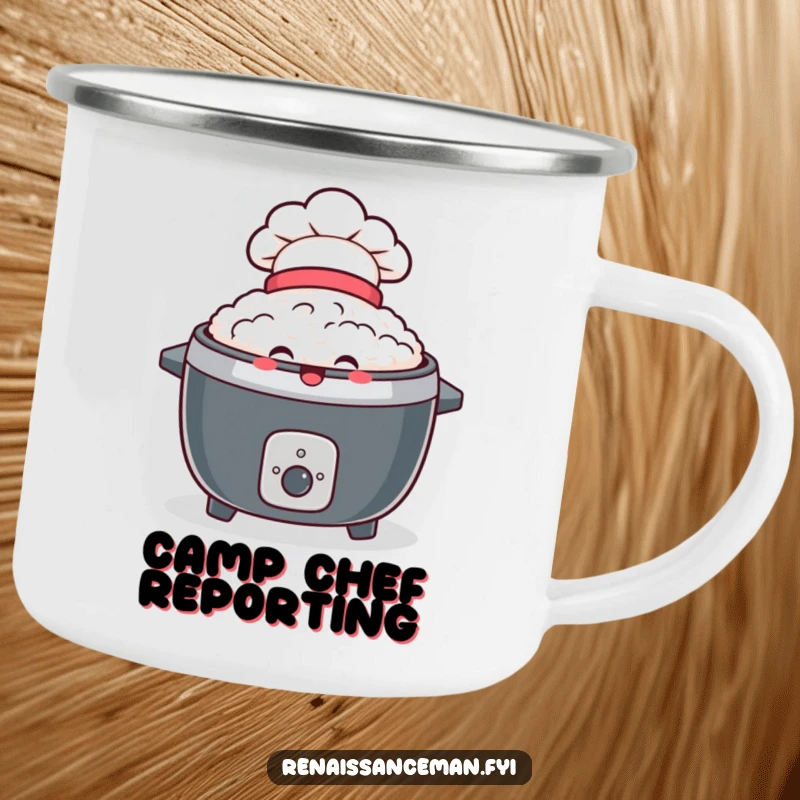 Funny camping mug with a delighted rice cooker wearing a tiny chef hat, perfect for enjoying meals outdoors.