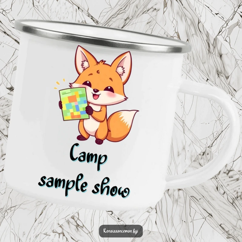 Funny camping mug featuring a happy fox enthusiastically presenting a colorful sample with a flourish during outdoor adventures.