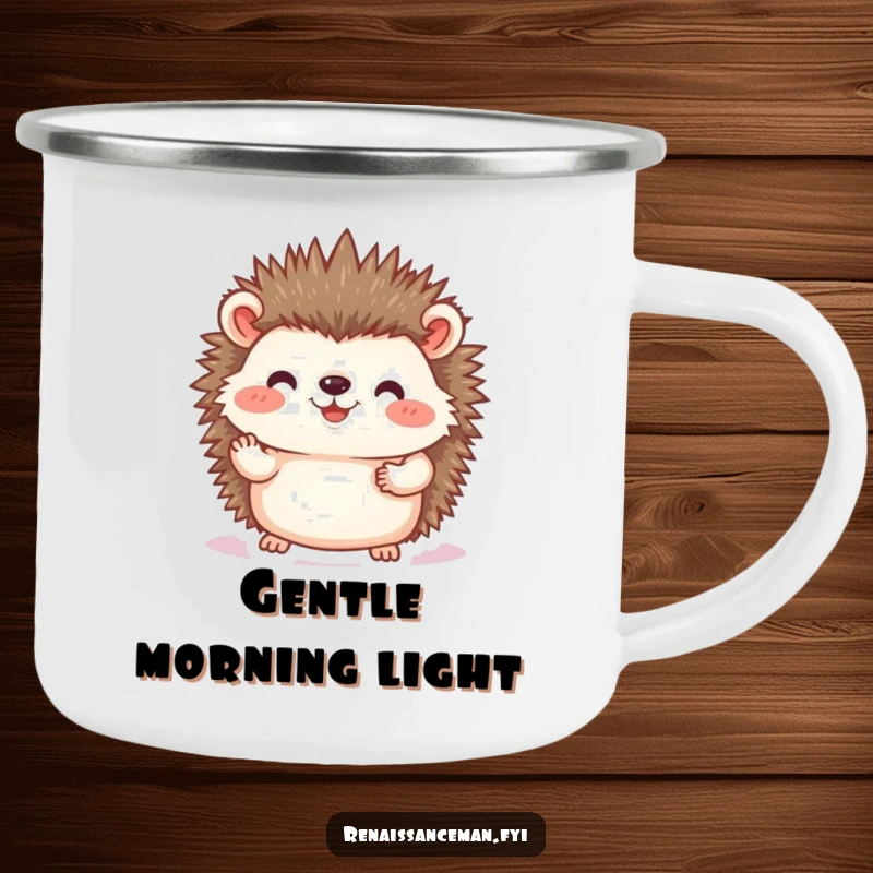 Funny hedgehog photo camping mug, rugged enamelware featuring a joyful hedgehog carefully placing a photo, ideal for outdoor moments and as a sweetly humorous gift.
