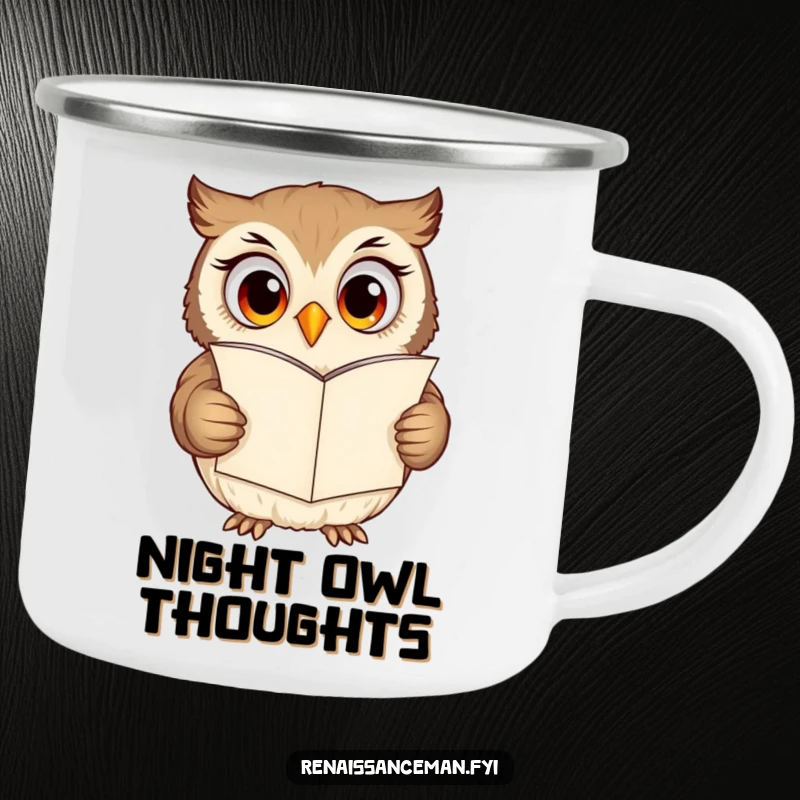 Funny owl camping mug, curious owl with excited eyes reading a grand love letter, outdoor gear.