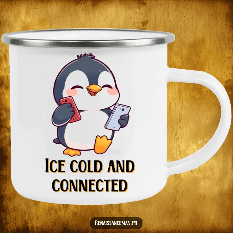 Funny giggling penguin making a comical face while holding a phone, printed on a durable camping mug.