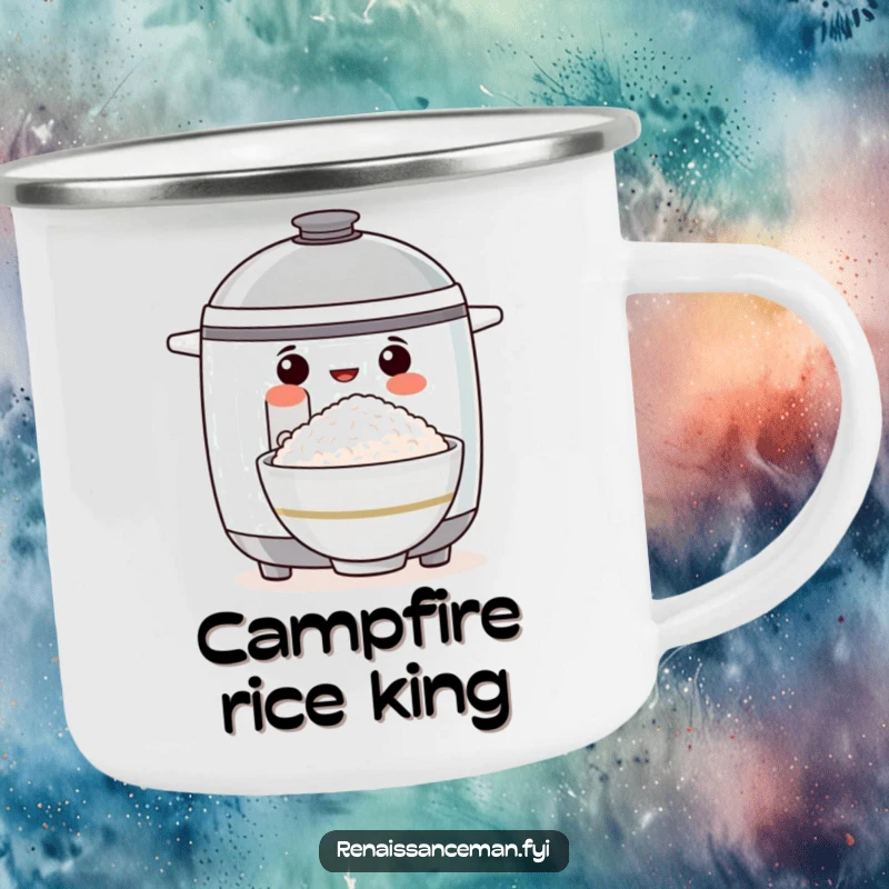 Funny camping mug with a proud rice cooker showing off a perfect bowl of rice, ready for outdoor cooking and coffee.