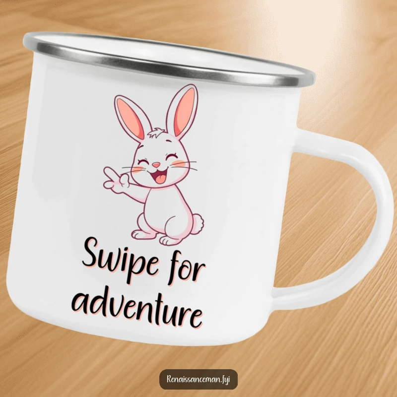 Funny rabbit camping mug: a cheerful rabbit grinning and swiping left, ready for outdoor fun.