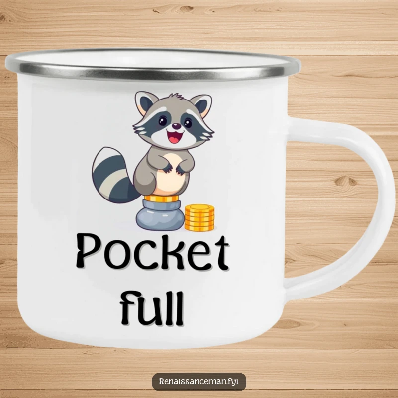 Funny raccoon camping mug. A delighted raccoon balances a tall stack of shiny coins, ready for the wilderness.