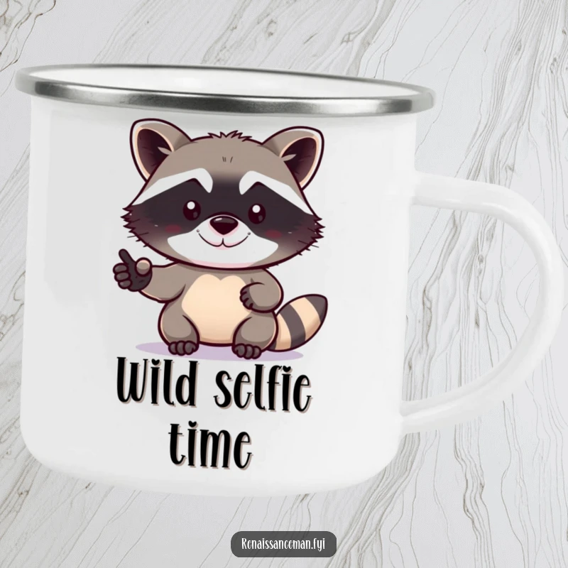 Funny raccoon camping mug featuring a determined raccoon taking a selfie with a happy grin, ready for outdoor enjoyment.