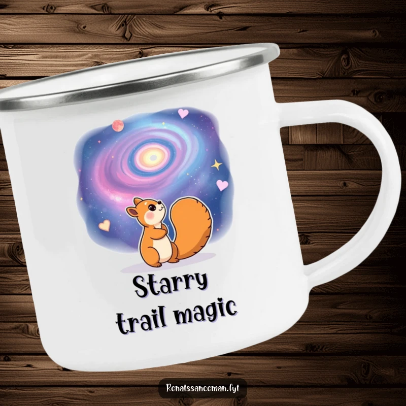 Funny camping mug with a cheerful squirrel character gazing dreamily at a swirling galaxy. Durable and whimsically cosmic.
