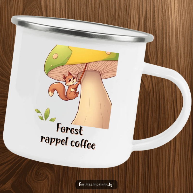Funny squirrel camping mug, a determined squirrel rappels down a massive mushroom with a rope, ready for outdoor adventures.
