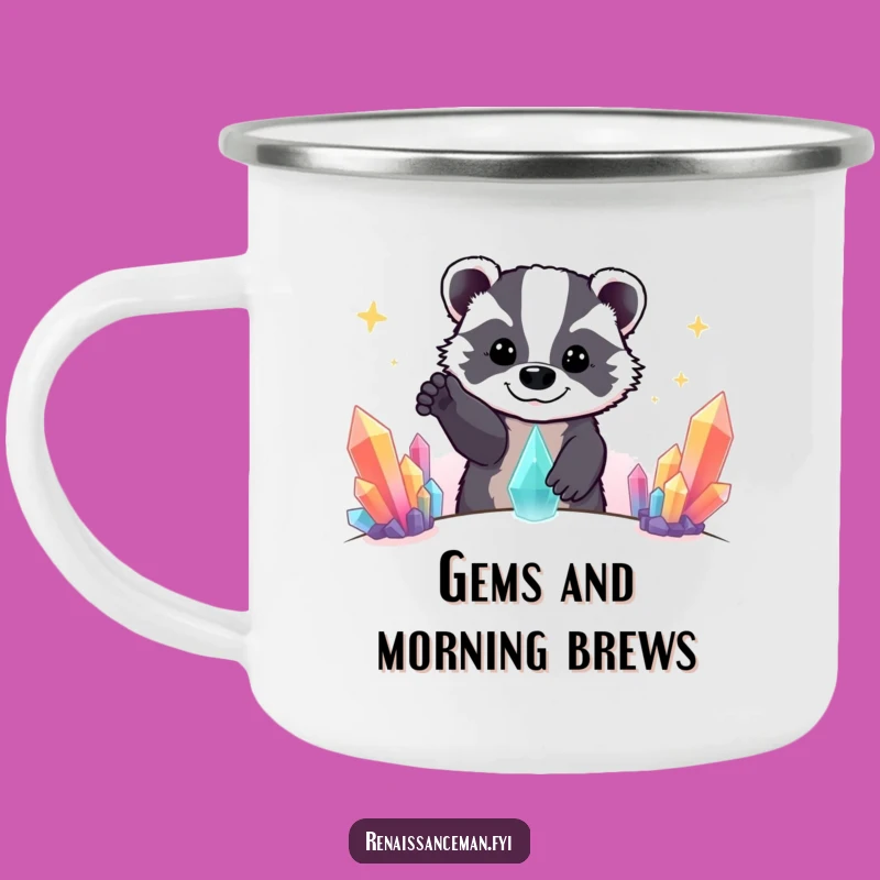 Funny Beaming Badger Crystal Hunter Enamel Camping Mug - Outdoor Funny Gift