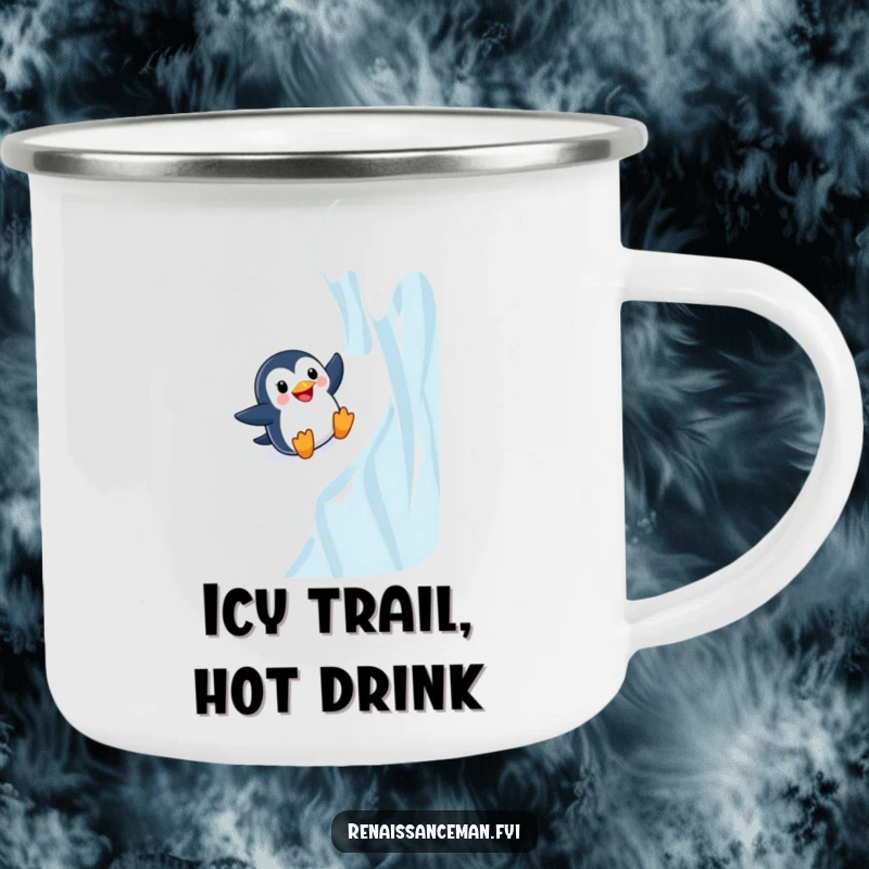 Funny Adventurous Penguin Sliding Down a Steep Icy Wall, Enamel Camping Mug, Humorous Outdoor Gear.