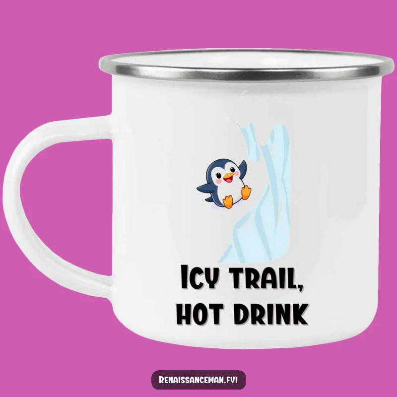 Funny Adventurous Penguin Sliding Enamel Camping Mug - Outdoor Funny Gift