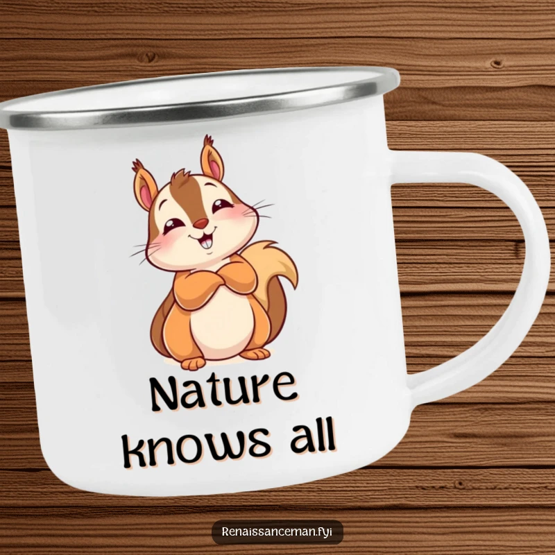 Funny camping mug with a delighted squirrel leaning back, arms crossed, and a knowing look, great for outdoor wisdom.