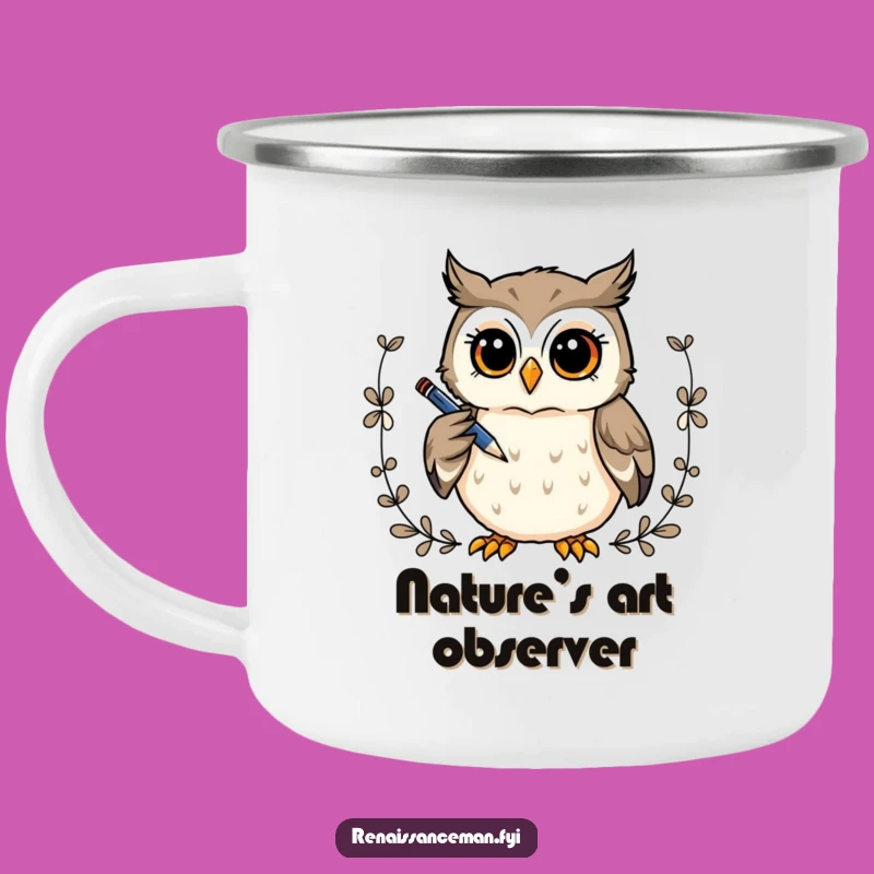 Funny Owl Artist Camping Mug: Outdoor Curious Owl Drawing Border, Adventure Gift