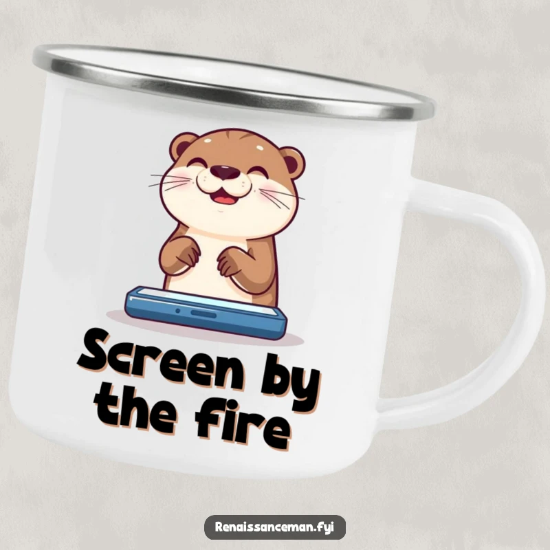 Funny otter camping mug: a happy otter engrossed in scrolling on a bright screen, ready for adventure.