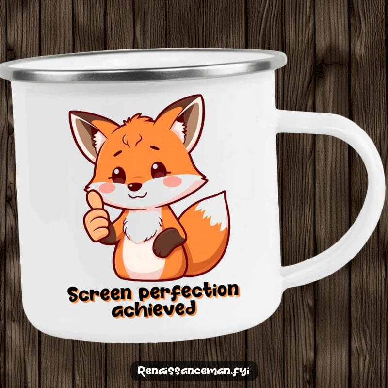 Funny fox camping mug with a proud fox giving a thumbs up, perfect for enjoying drinks during outdoor adventures.