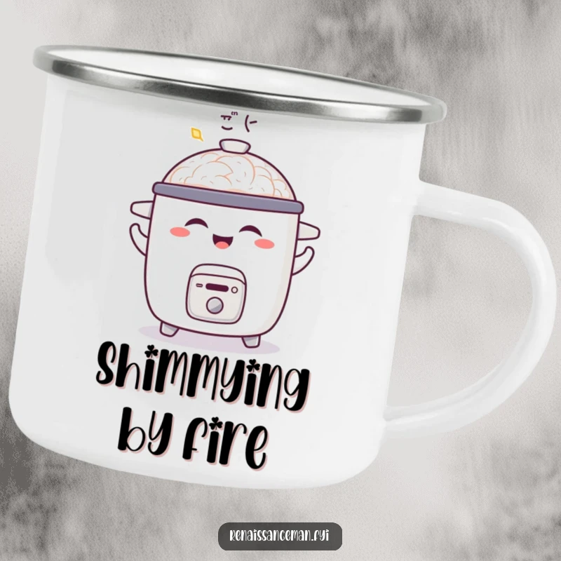 Funny camping mug with a joyful rice cooker doing a little shimmy and emitting a satisfied aroma, perfect for outdoor enjoyment.