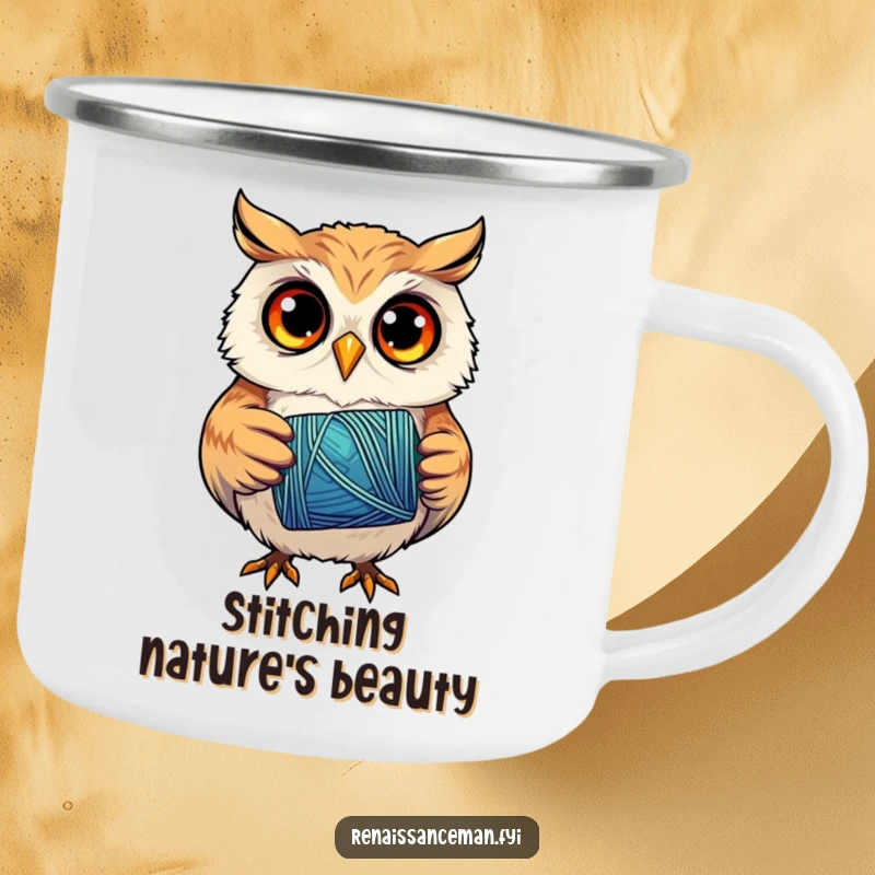 Funny enamel camping mug featuring a curious owl holding a spool of thread, eyes focused, ready for creative endeavors outdoors.