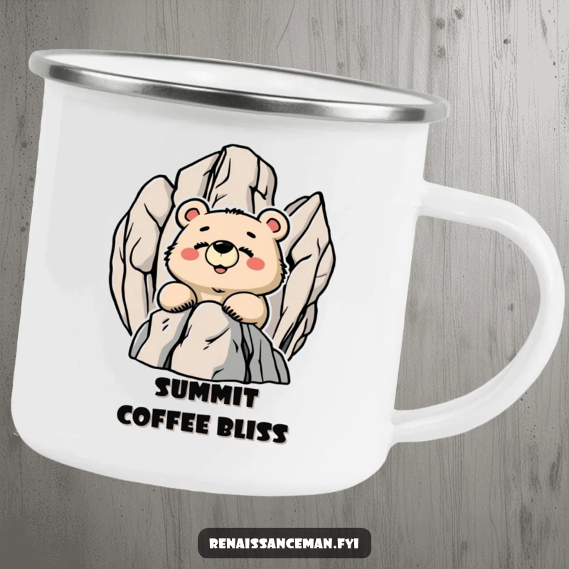 Funny Proud Bear Smiling from a Rocky Peak, Enamel Camping Mug, Humorous Outdoor Gear.