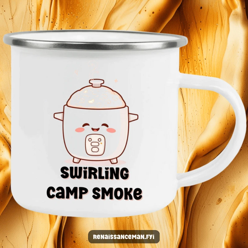 Funny camping mug with a giggling rice cooker and playful steam swirls, perfect for enjoying drinks around a campfire.