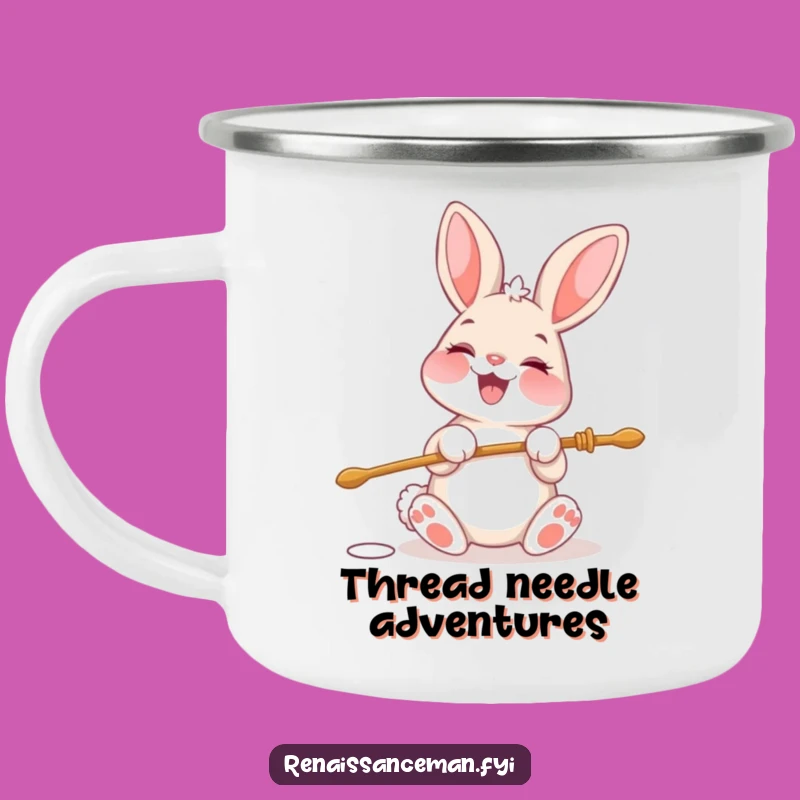 Funny Bunny Needle Threading Camping Mug: Crafting Adventures with Glee