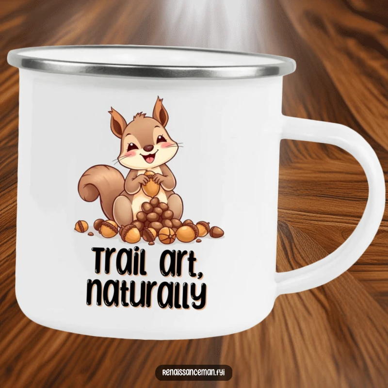 Funny squirrel camping mug, artistically sculpting acorns, durable and portable, ideal for campers and hikers who appreciate art.