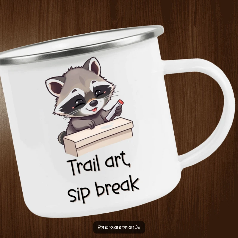 Funny Giggling Raccoon Placing Chalk on Ledge, Enamel Camping Mug for Outdoors, Humorous Drinkware.