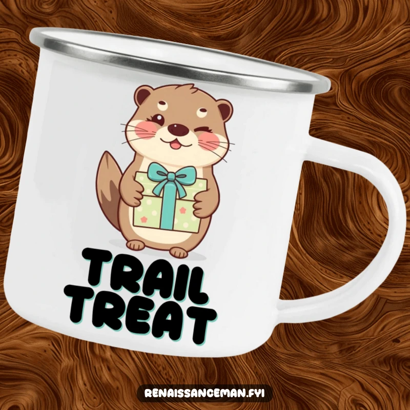 Funny otter camping mug. A happy otter winks while handing over a beautifully wrapped gift, ready for the outdoors.