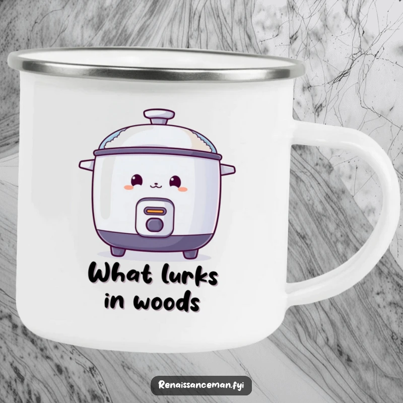 Funny camping mug with a curious rice cooker peeking from behind a steaming lid, perfect for enjoying coffee outdoors.