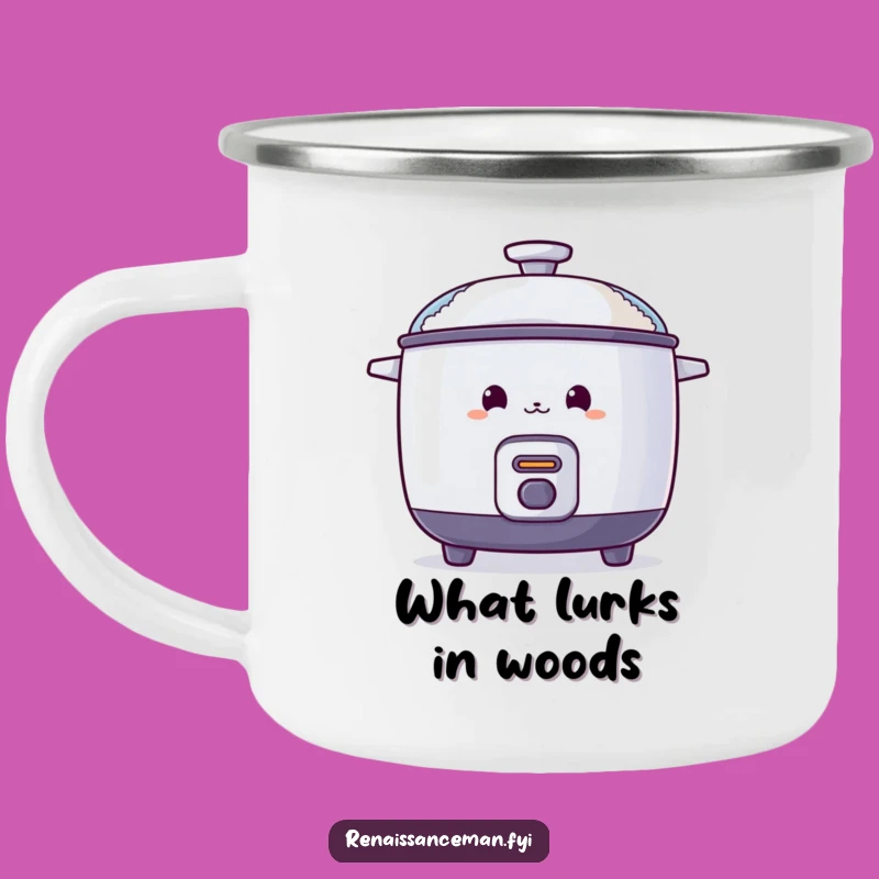 Funny Curious Rice Cooker Camping Mug: Outdoor Mystery, Steamy Brews, Ideal Funny Gift