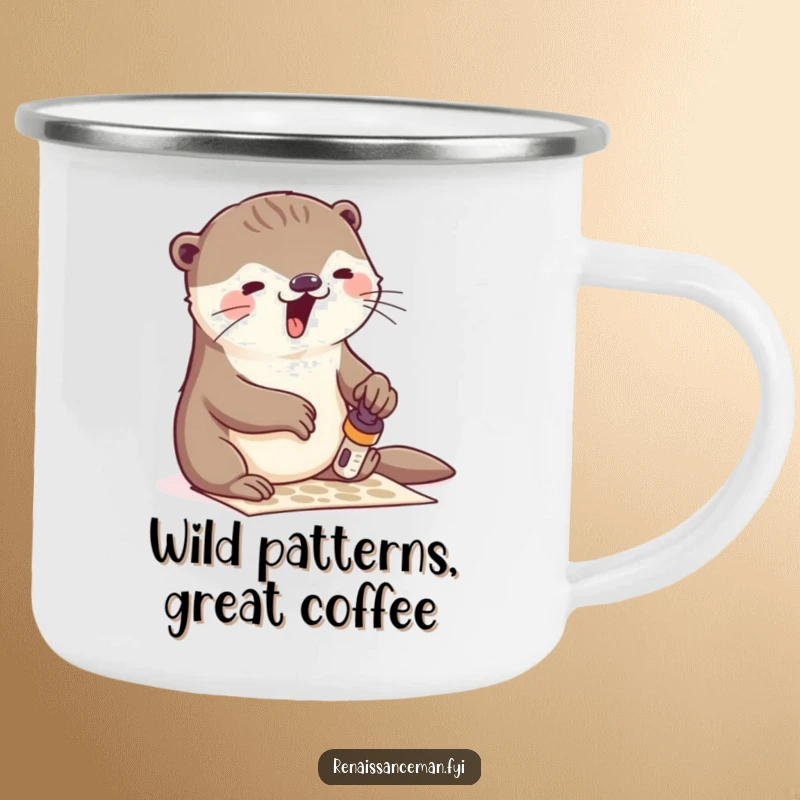 Funny otter stamping camping mug, durable enamelware featuring an otter’s artistic gusto, ideal for outdoor enthusiasts who appreciate humor and creativity.