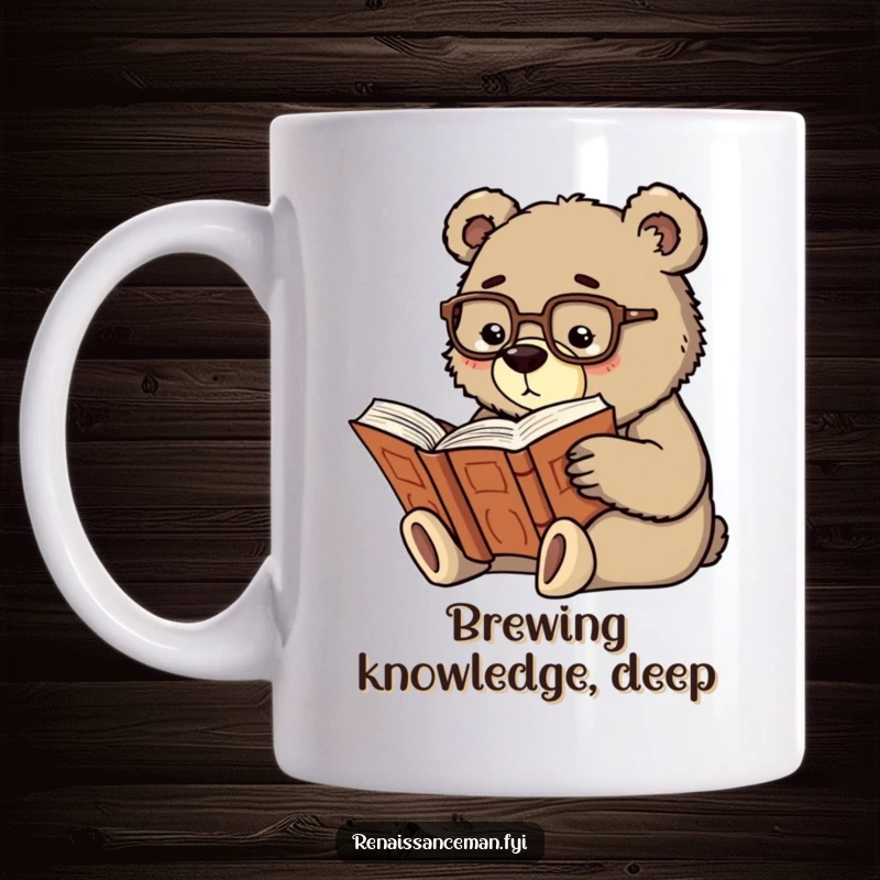 Funny scholarly bear wearing spectacles, deeply engrossed in reading a large, ancient book, exuding wisdom and charm.