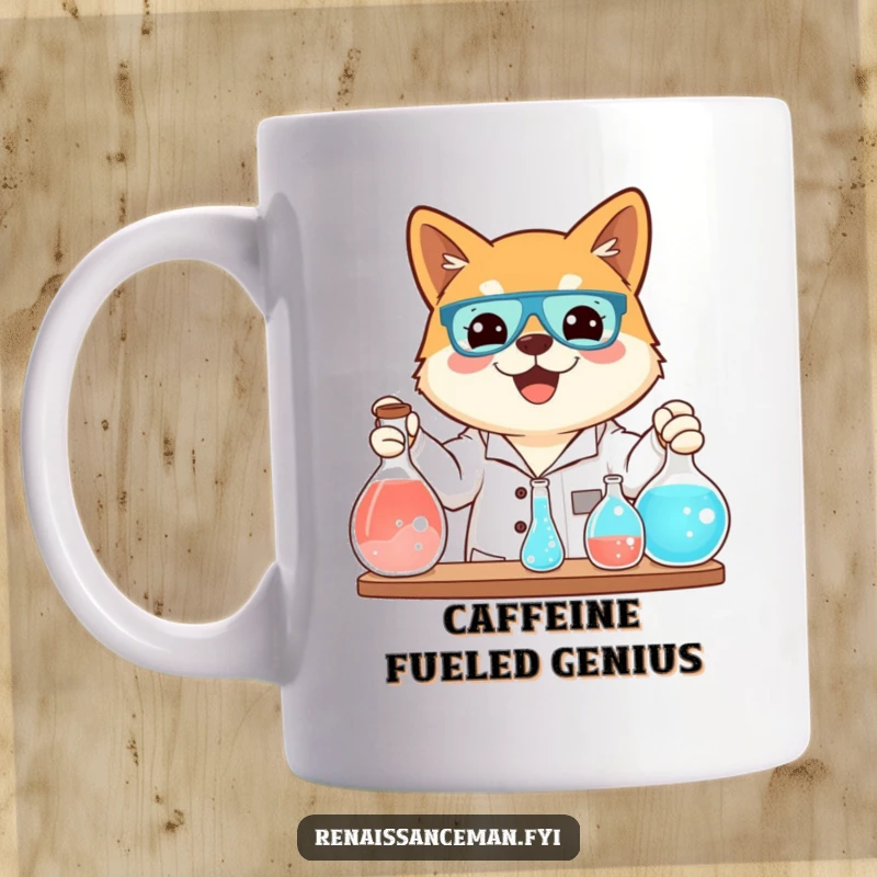 Funny mug featuring a beaming Shiba Inu enthusiastically demonstrating a science experiment with bubbling flasks, a delightful lab partner.
