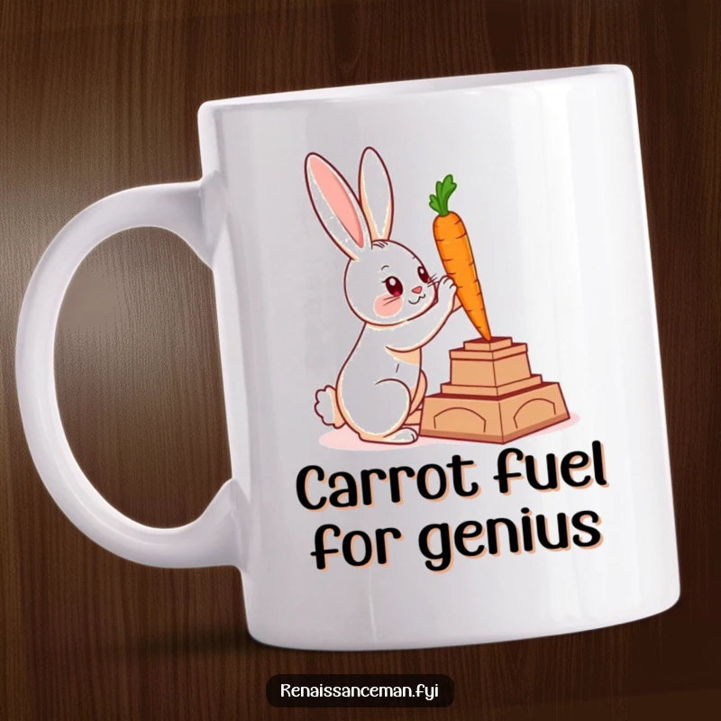 Funny mug showing a clever rabbit meticulously sculpting a majestic statue from a small carrot, showcasing artistic skill.