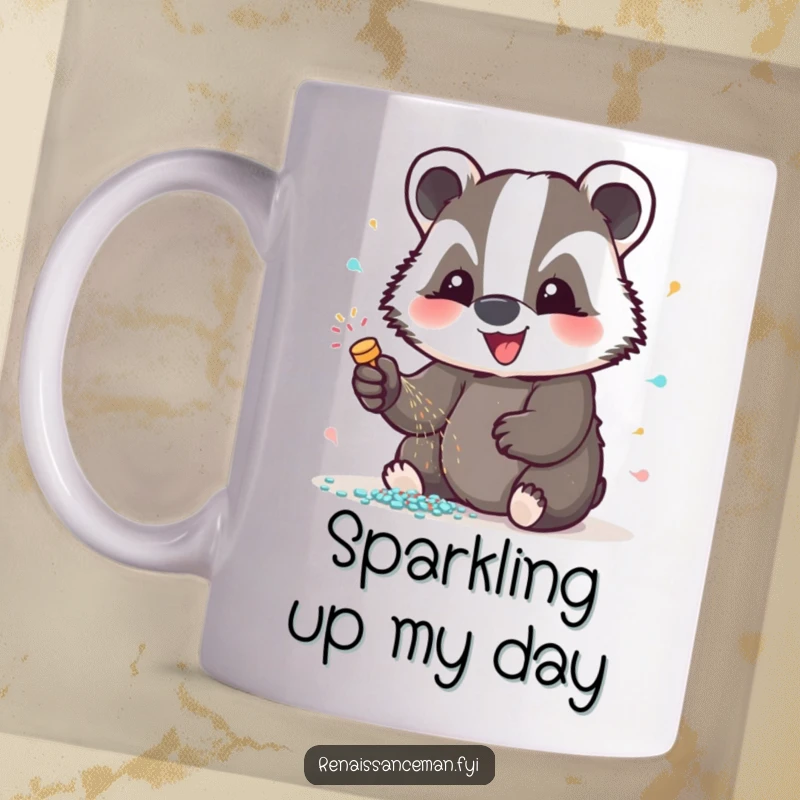 Funny badger mug, with a beaming badger enthusiastically adding glitter, radiating delight and sparkle, perfect for crafters and as a fun gift.