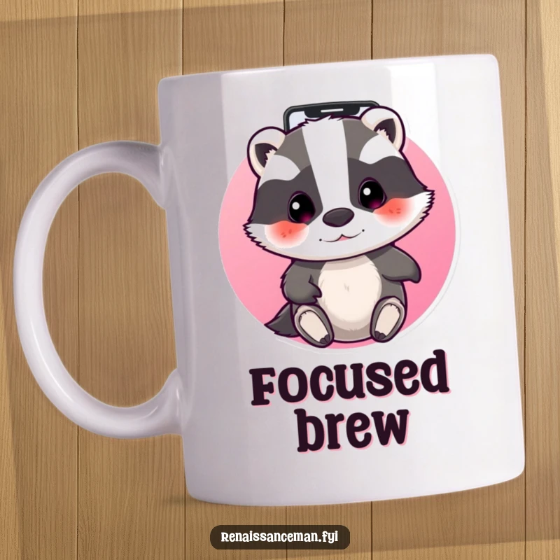 Funny beaming badger intensely focused on a phone screen swiping through apps. Dedicated techie funny mug.