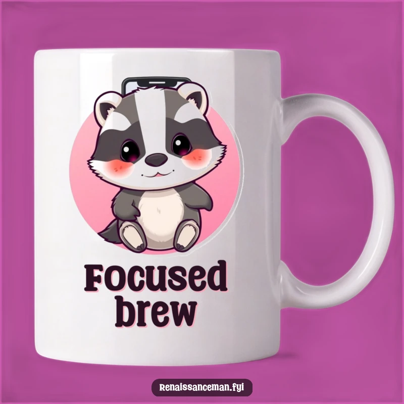 Funny Badger Techie Mug: Beaming badger navigating apps, a perfect funny tech gift.