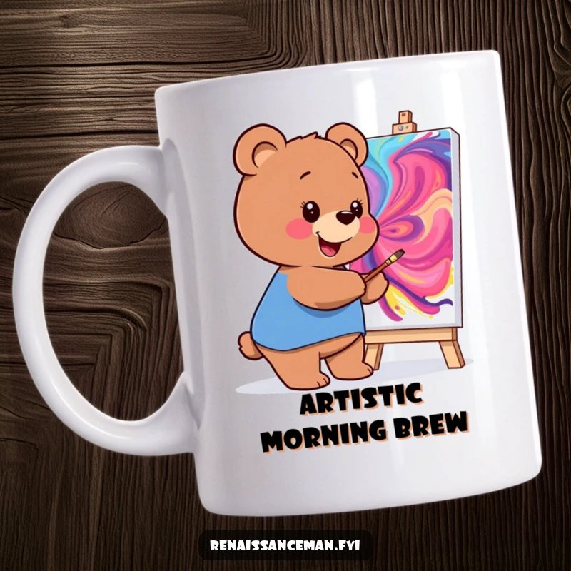 Funny mug featuring a smiling bear joyfully painting a vibrant, swirling masterpiece on a large canvas, celebrating art.