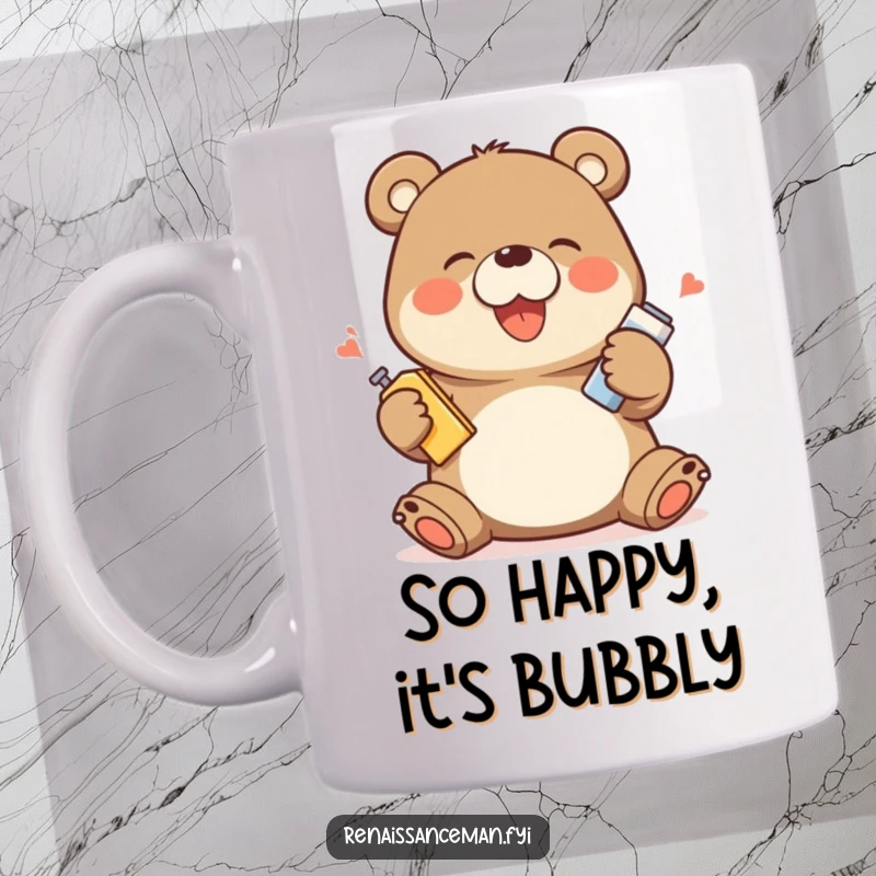 Funny mug with a giggling bear character enthusiastically demonstrating a product with exaggerated, joyful movements and infectious happiness.