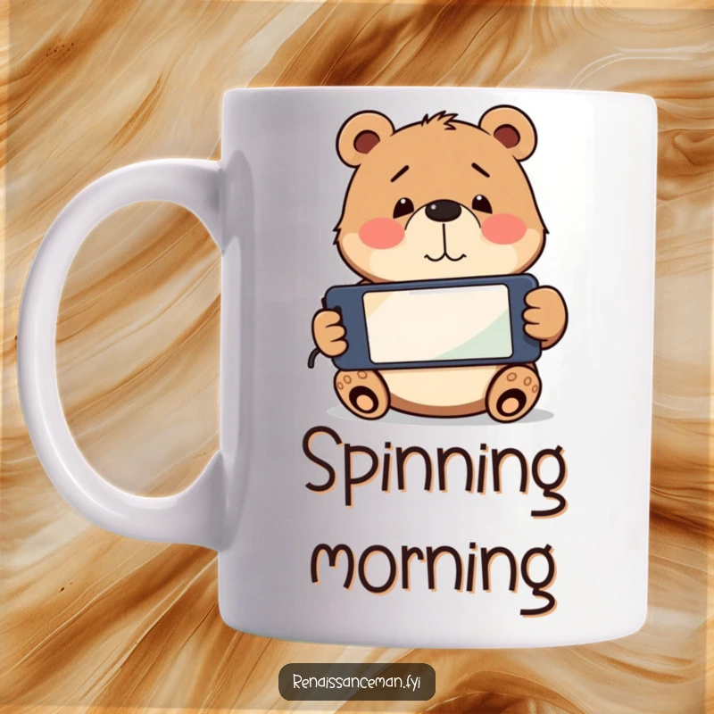Funny playful bear holding a smartphone upside down, sporting a confused smile. Relatable tech humor funny mug.