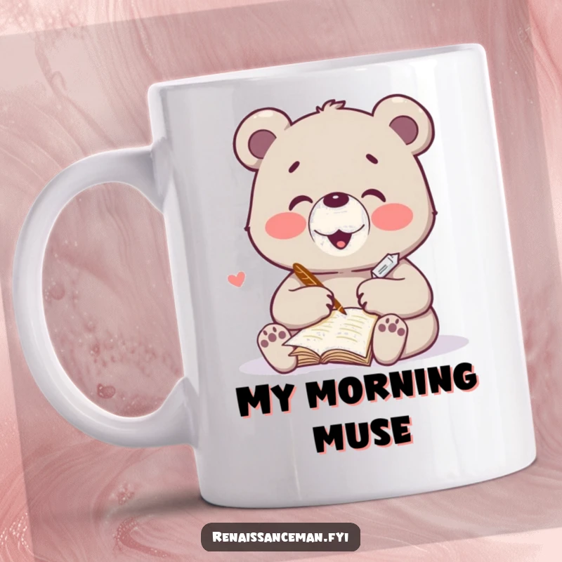 Funny mug with a delighted bear character writing a heartfelt poem with a quill, looking inspired. Literary and charming design.