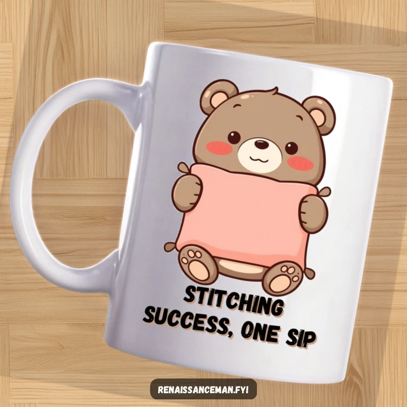 Funny mug of a proud bear smiling, holding a perfectly sewn cushion, showcasing his impressive crafting skills and cheerful demeanor.