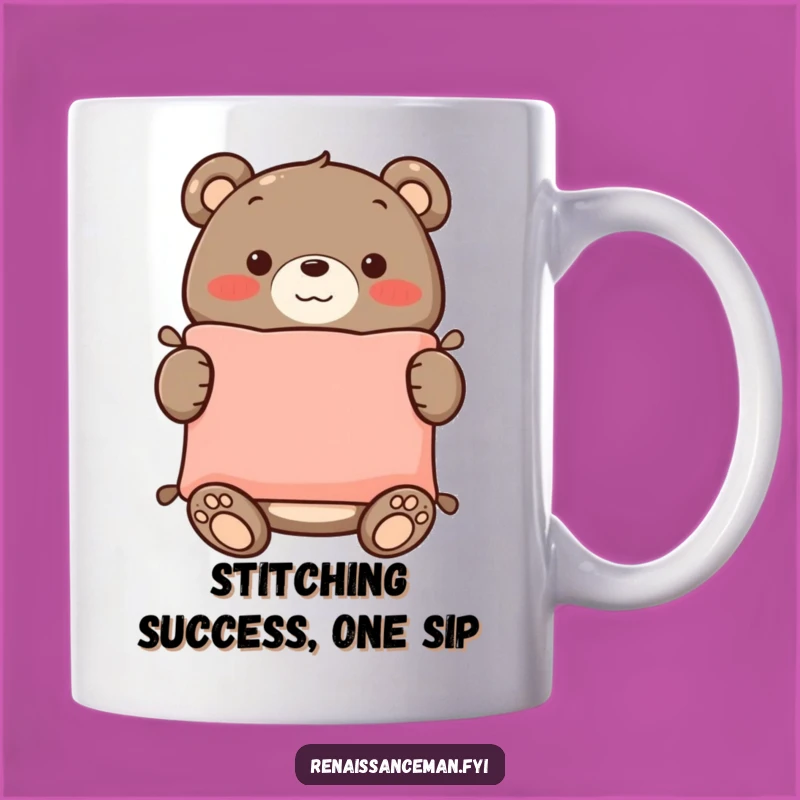 Funny Bear Sewing Gift Mug: Proud Bear with Handmade Cushion, Perfect for Crafters