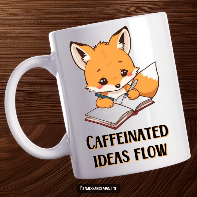 Creative fox with a quill pen, diligently jotting down ideas in a notebook, exuding artistic flair.