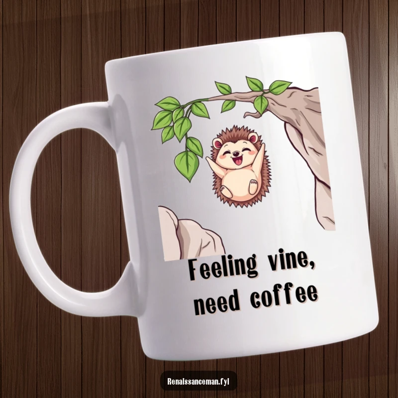 Funny Delighted Hedgehog Dangling Precariously from a Vine Above a Cliff, Humorous Mug for Thrill Seekers.