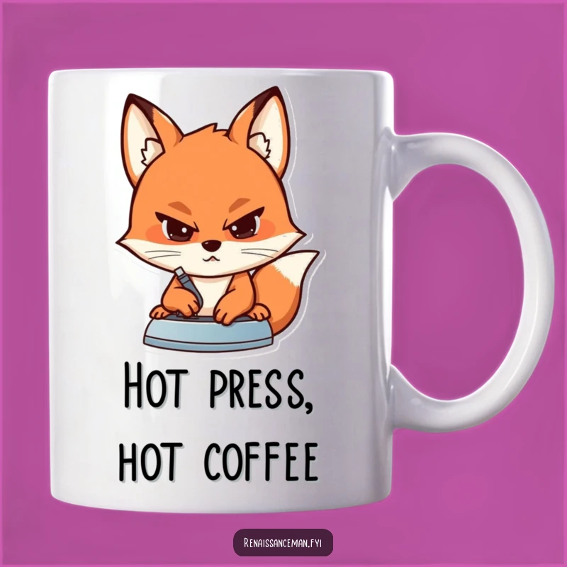 Funny Fox Sewing Mug: Determined Pressing Action, Perfect Gift for Tailors
