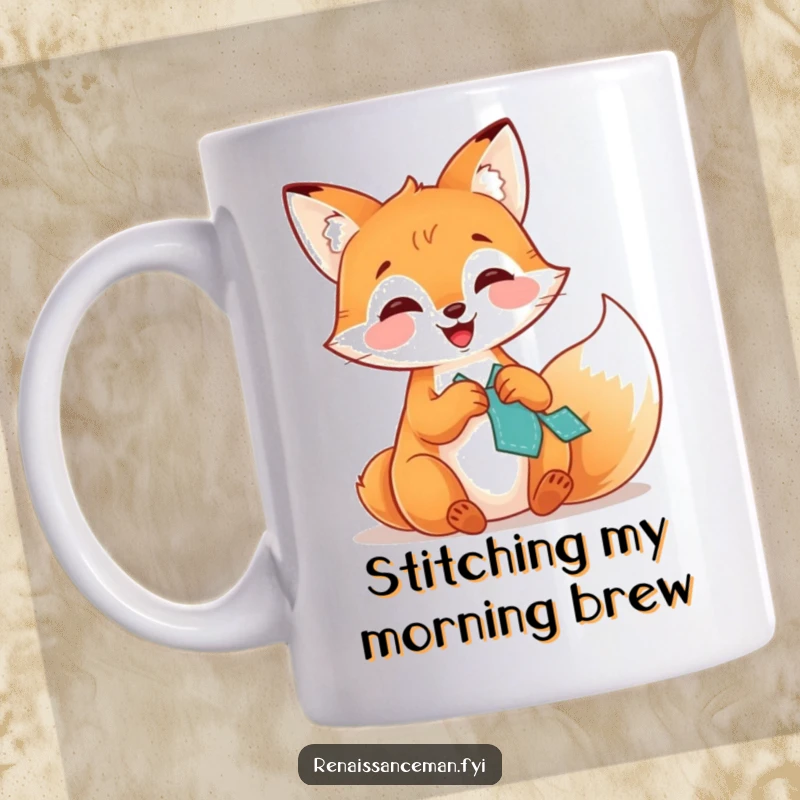 Funny mug depicting a playful fox giggling while skillfully stitching a patch onto fabric, showcasing its humorous crafting hobby.