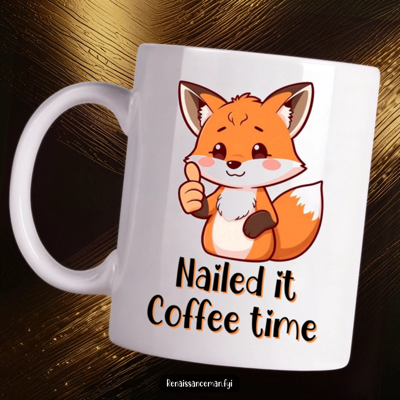 Funny fox mug with a proud expression giving a thumbs up while looking at a screen, exuding digital satisfaction.