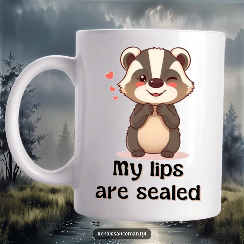 Funny mug with a giggling badger whispering secrets, conveying mischief and humor, perfect for gifting.