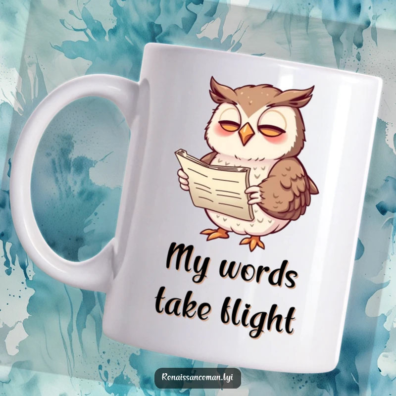 Funny mug featuring a giggling owl in mid-recital, wings gracefully gesturing while holding a poetry scroll, a truly humorous literary gift.