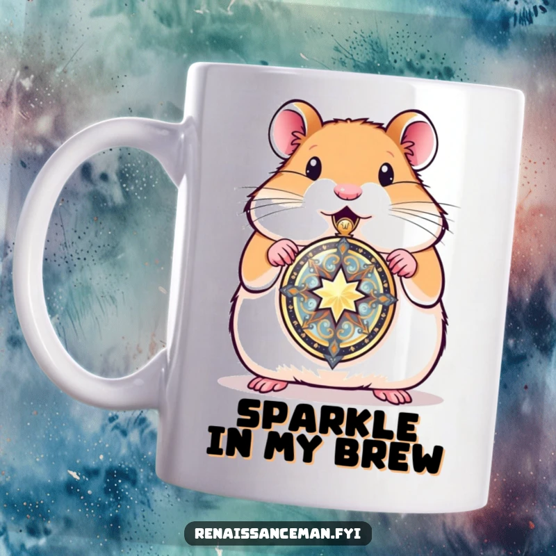 Funny proud hamster presenting a gleaming, beautifully crafted locket, symbolizing love and treasured memories on a delightful mug.